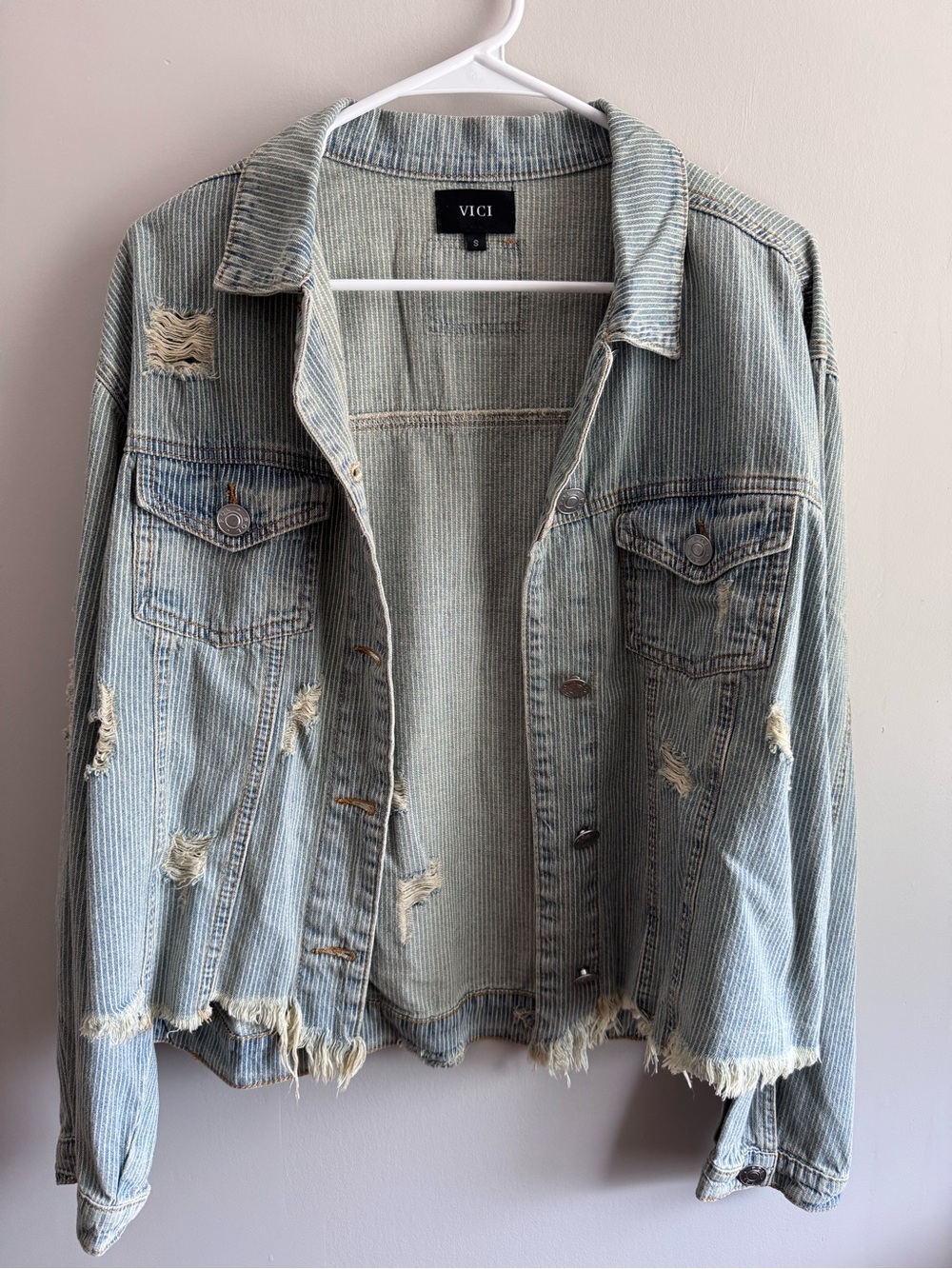 VICI Light Wash Distressed Corded Denim Jacket